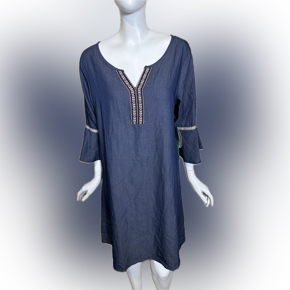 Naif Embroidered Chambray Mini A Line Dress Western Southwestern Women Petite L‎